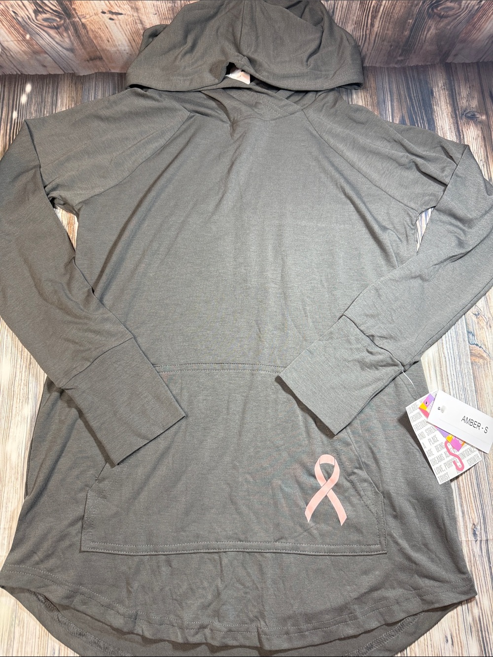 LuLaRoe Gray Hoodie Tunic with Pink Ribbon Accent Breast Cancer Awareness